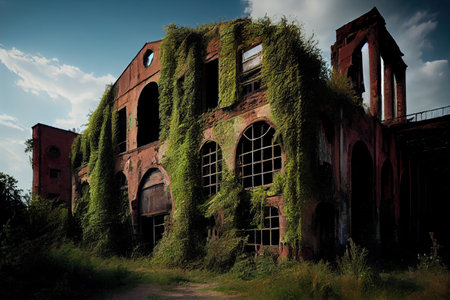 old factory, with broken windows and crumbling walls, surrounded by overgrown vegetation, created with generative aiの素材