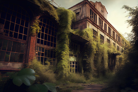 old factory, with broken windows and crumbling walls, surrounded by overgrown vegetation, created with generative aiの素材