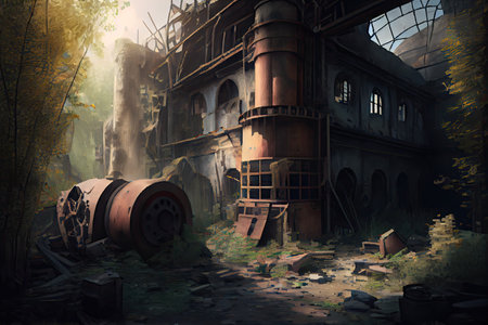 industrial ruin hiding a secret, with hints of hidden treasure or lost artifact, created with generative aiの素材