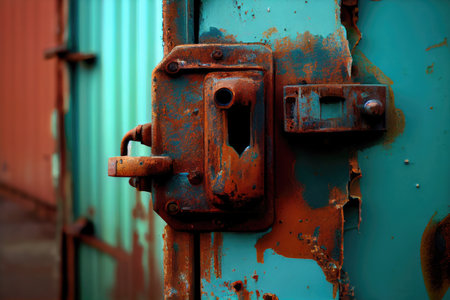 close-up of rusty lock on industrial door, with broken windows and peeling paint in the background, created with generative aiの素材