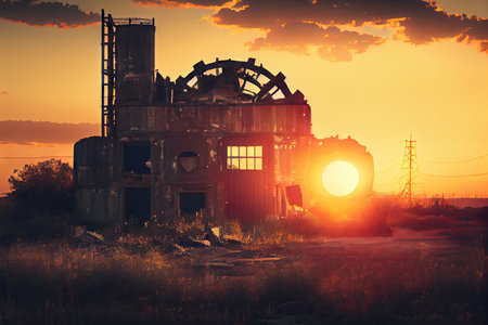 industrial ruin with view of sun setting over the horizon, created with generative aiの素材