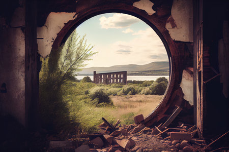 industrial ruin, with view of the surrounding landscape and natural elements, created with generative aiの素材