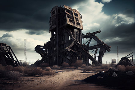 industrial ruin with broken and twisted metal structures in the background, created with generative aiの素材