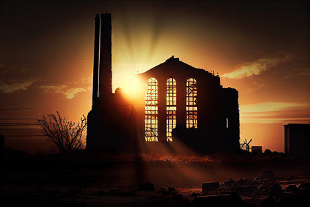 industrial ruin, with the sun setting behind it, and silhouette of the building visible, created with generative aiの素材