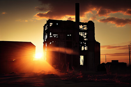 industrial ruin, with the sun setting behind it, and silhouette of the building visible, created with generative aiの素材