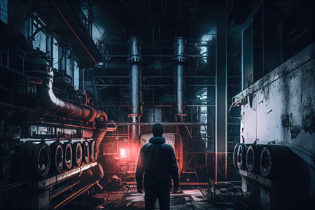 urban explorer, sneaking through abandoned power plant in the dead of night, created with generative aiの素材