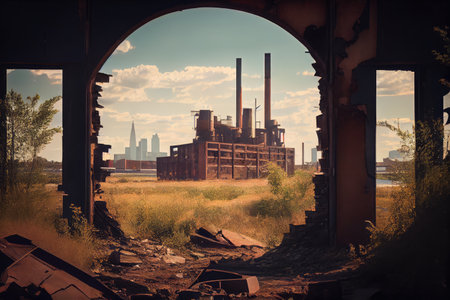 industrial ruin, with view of modern city in the distance, created with generative aiの素材