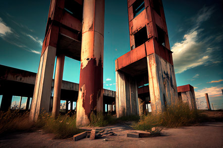 rusted metal and broken concrete columns in once-thriving industrial facility, created with generative aiの素材