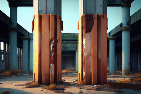 rusted metal and broken concrete columns in once-thriving industrial facility, created with generative aiの素材