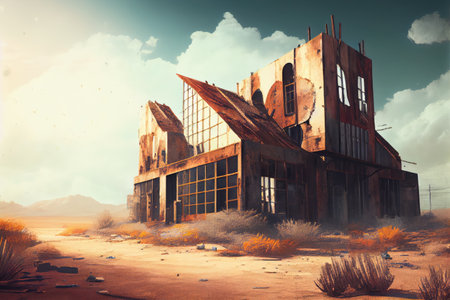 old factory, with broken windows and rusted metal, surrounded by desolate landscape, created with generative aiの素材