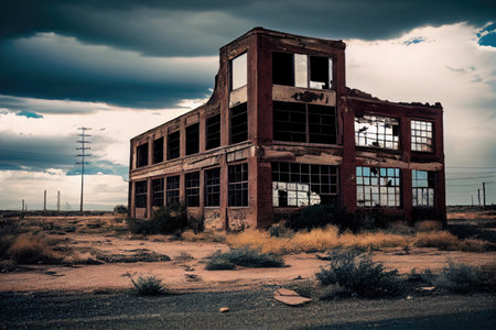 old factory, with broken windows and rusted metal, surrounded by desolate landscape, created with generative aiの素材