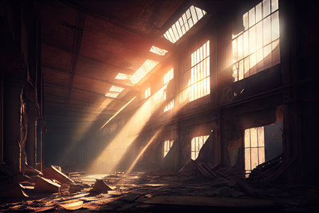 industrial ruin with sunbeams shining through the broken windows and dust, created with generative aiの素材