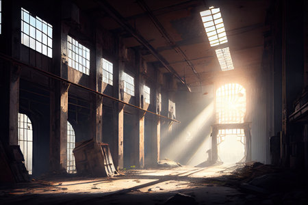 industrial ruin with sunbeams shining through the broken windows and dust, created with generative aiの素材