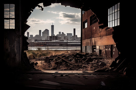 industrial ruin, with view of modern cityscape, showing the unique contrast between past and present, created with generative aiの素材