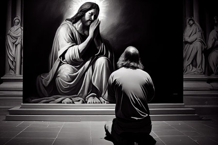 person, kneeling in prayer before image of jesus christ, created with generative aiの素材