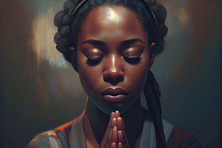 person, praying with their eyes closed, surrounded by tranquility, created with generative aiの素材