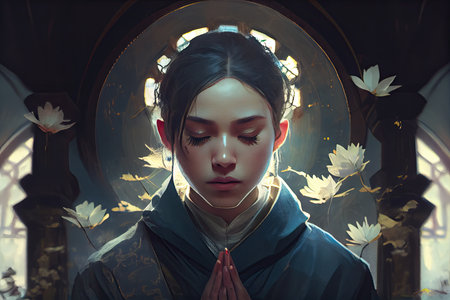 person, praying with their eyes closed, surrounded by tranquility, created with generative aiの素材