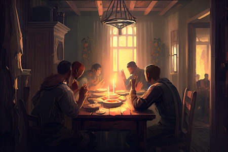 person, praying before meal with others, in homey and peaceful setting, created with generative aiの素材
