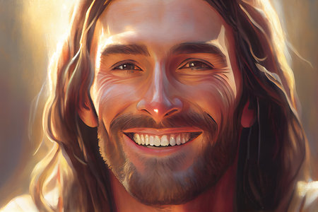 close-up of jesus face, with his warm and loving smile visible, created with generative aiの素材