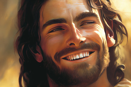 close-up of jesus face, with his warm and loving smile visible, created with generative aiの素材
