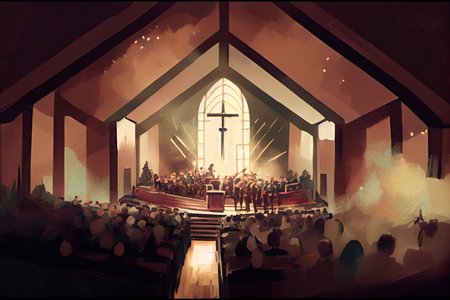 church service, with congregation singing and praising jesus christ, created with generative aiの素材