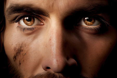 a close-up of jesus face, with his eyes looking upon the world, created with generative aiの素材