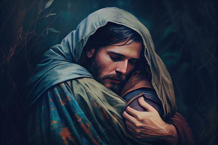 person, lost in the wilderness, finding refuge and safety in the arms of jesus, created with generative aiの素材