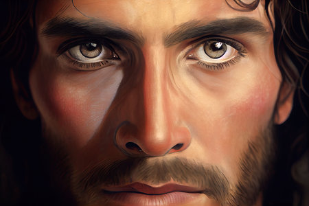 close-up of christs face, with his eyes looking directly into the camera, created with generative aiの素材