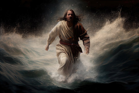 jesus christ, walking on water and reaching out to someone in need, created with generative aiの素材