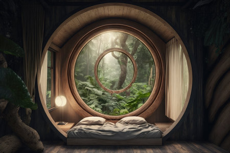 cozy wooden hut with round windows in jungle interior design, created with generative aiの素材