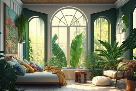 bright exotic tropical room with view of jungle interior design, created with generative aiの素材