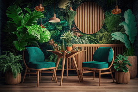 room with bright wooden furniture in tropical forest jungle interior design, created with generative aiの素材