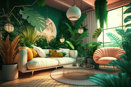 exotic bright jungle interior design room with light furniture and plants, created with generative aiの素材