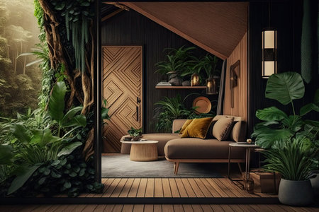exotic interior of hut in jungle interior design with wooden walls and floor, created with generative aiの素材