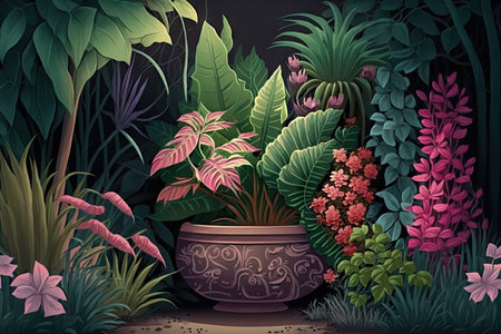 tropical landscape with pink flowers and plants in pot jungle interior design, created with generative aiの素材