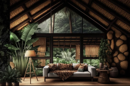 large wooden hut in clearing of jungle interior design, created with generative aiの素材