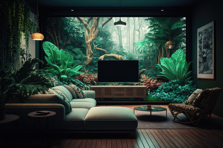 tropical living room with sofa and tv in jungle interior design, created with generative aiの素材