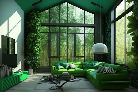 bright green living room with big window in jungle interior design, created with generative aiの素材