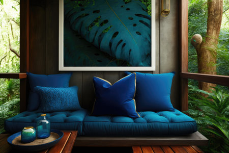 bright blue cushions on wooden platform at top of picture in jungle interior design, created with generative aiの素材