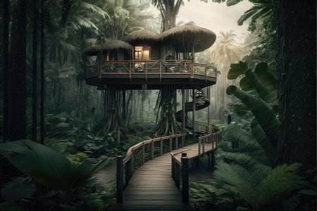 tropical unspoiled landscape with jungle interior design tree house, created with generative aiの素材