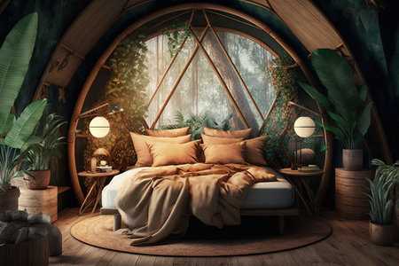 room with large comfortable bed in jungle interior design hut, created with generative aiの素材