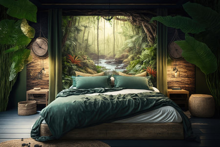 room with large comfortable bed in jungle interior design hut, created with generative aiの素材