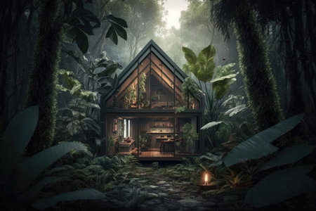 tiny hut among trees in jungle interior design, created with generative aiの素材