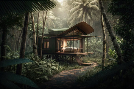tiny hut among trees in jungle interior design, created with generative aiの素材
