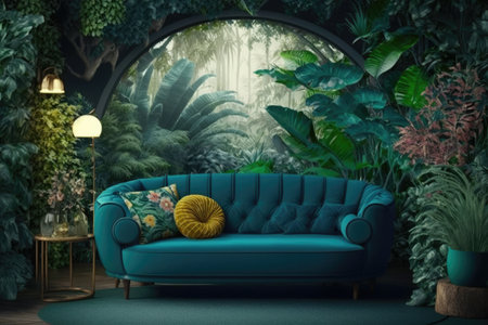 tropical lounge with sofa in jungle interior design similar to nature, created with generative aiの素材