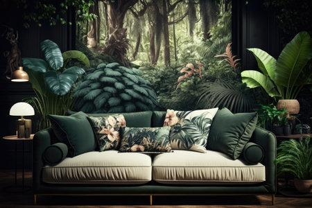 tropical lounge with sofa in jungle interior design similar to nature, created with generative aiの素材