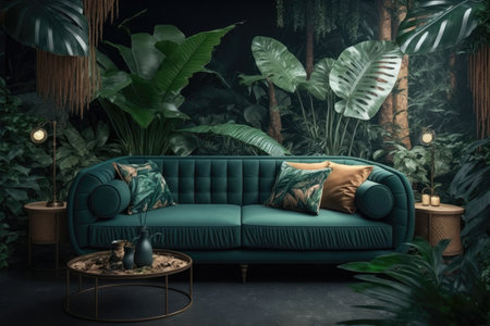 tropical lounge with sofa in jungle interior design similar to nature, created with generative aiの素材