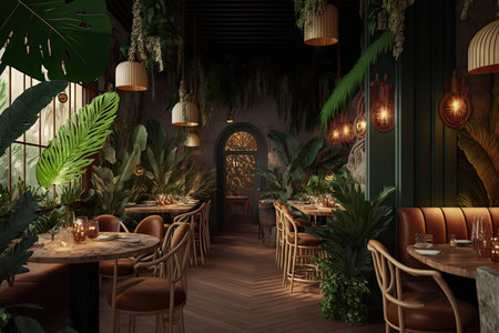 tropical natural restaurant with exotic plants and trees jungle interior design, created with generative aiの素材