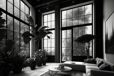 black and white room with windows jungle interior design, created with generative aiの素材
