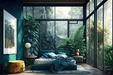 bright room with large windows in tropical jungle interior design, created with generative aiの素材